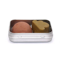 3-Piece Aluminum Travel Soap Case, Shown Open with Small Soaps for Size Reference.
