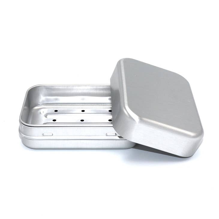 3-Piece Aluminum Travel Soap Case, Shown Open with Lid on Right Side.