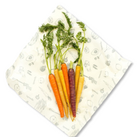 Abeego Beeswax Food Wrap. Large Size Shown Open with Carrots.