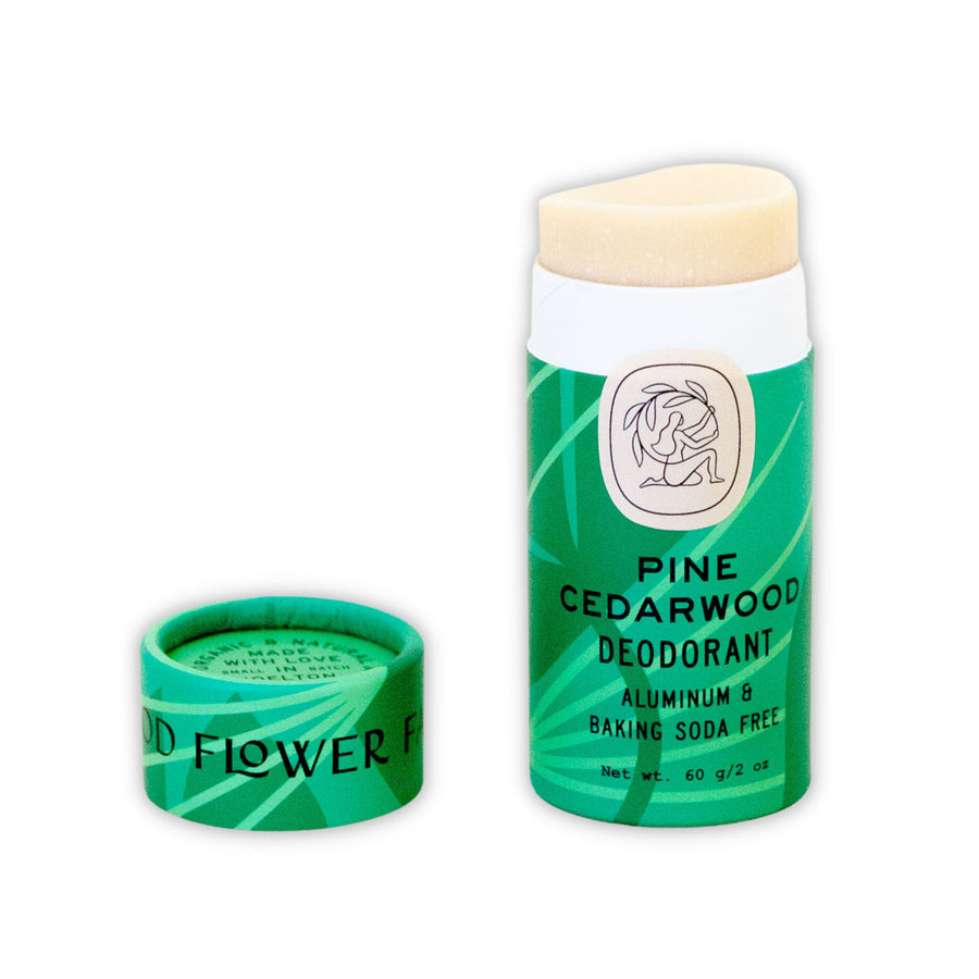 Good Flower Farm Pine Cedarwood Deodorant In Green, Biodegradable Packaging.
