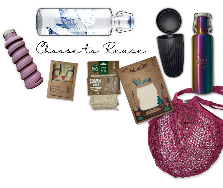 Single-use plastic swaps for Plastic-Free July. Image shows reusable bottles, cups, wax food wraps, and shopping bags.