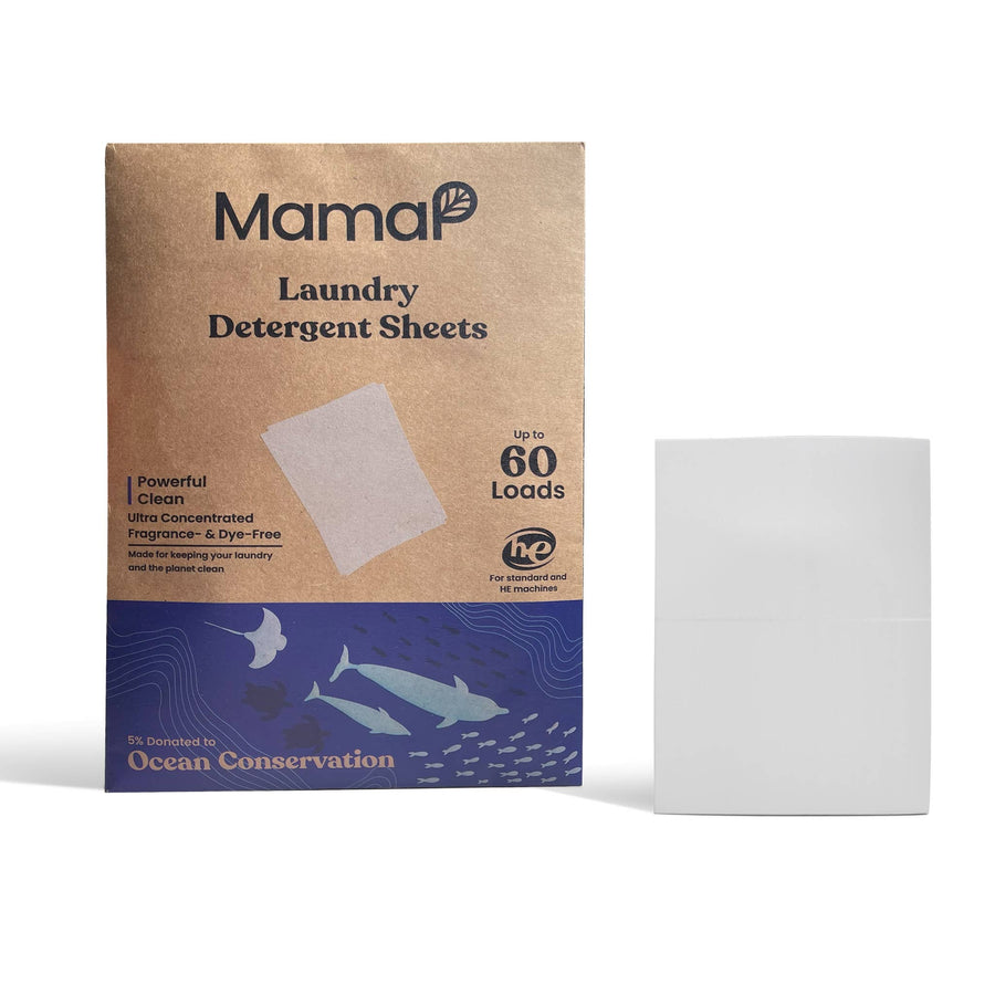 MamaP Laundry Detergent Sheets with Sheet Shown to the Side of Plastic Free Packaging. Up to 60 Loads Per Package. Fragrance and Dye Free.