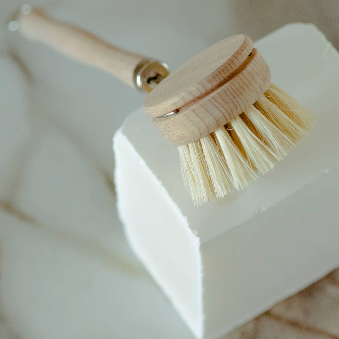 Casa Agave® Long Handle Dish Brush, Resting On Soap Bar And Countertop.
