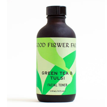 Good Flower Farm Organic Green Tea And Tulsi Facial Toner in Amber Glass Bottle With White Background.