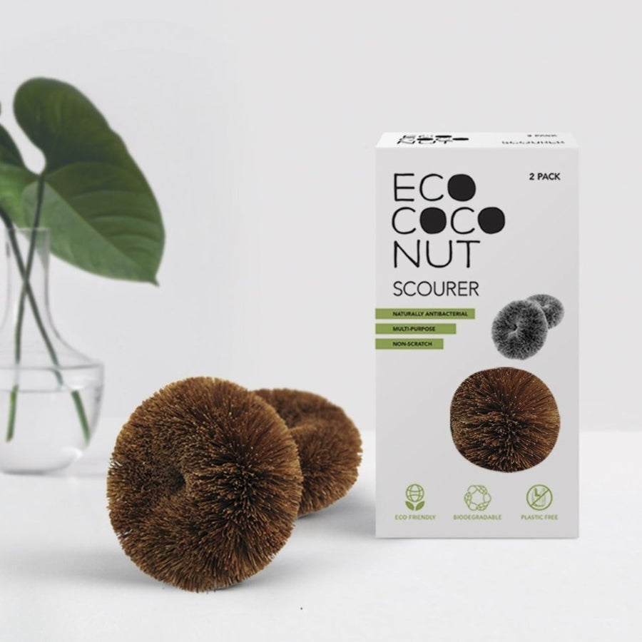 Ecococnut Scourer, Biodegradable, Plastic-Free Kitchen Scrubbing Tools, Shown With Plastic-Free Packaging and Plant Stems in Vase.