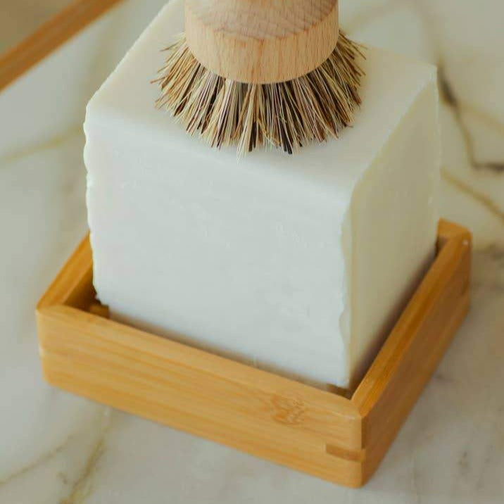 No Tox Life Moso Bamboo Soap Dish, Shown With Dish And Vegetable Hand Brush.