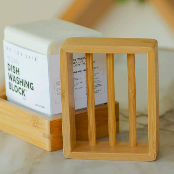 No Tox Life Moso Bamboo Soap Dish, Shown Standing On End And  With Dish Washing Block.