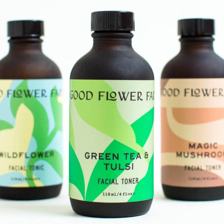Good Flower Farm Organic Green Tea And Tulsi Facial Toner, Shown Here With Other Toners.