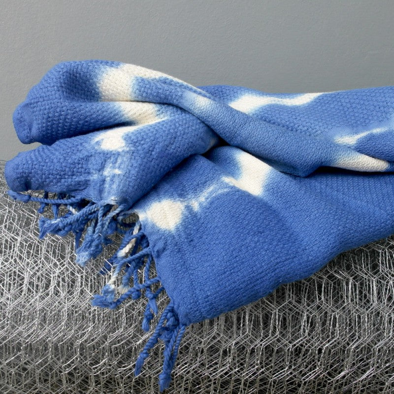 Turkish Towel Store Blue Tie Dye Batik Pattern Travel Towel Folded.