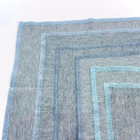 Reusable All Purpose Bamboo Eco Cloths With Recycled Thread Trim In Gray, Turquoise, And Blue Colors.