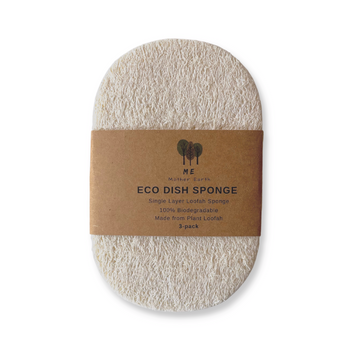 ME Mother Earth Eco Dish Sponge. Single Layer, Biodegradable Loofah, In Plastic-Free Kraft Paper Sleeve On White Background.