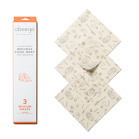 Abeego Reusable Beeswax Wrap, 3 Medium Wraps Show with Plastic Free Packaging.