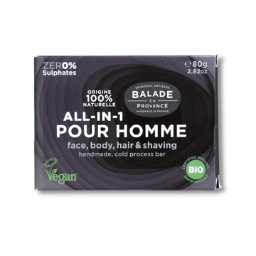 Balade En Provence All In One Bar For Face, Body, Hair, and Shaving, Shown with Plastic-Free Cardboard Packaging.