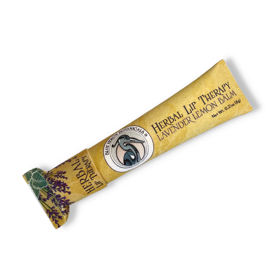 Blue Heron Botanicals Herbal Lip Therapy Balm in Lavender Lemon Formula. Shown in Plastic-Free, Cardboard Tube on White Background.