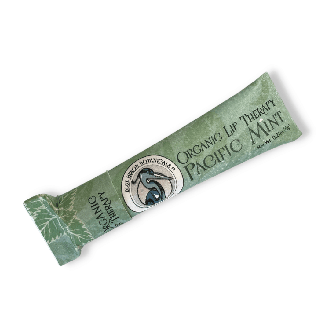 Blue Heron Botanicals Organic Lip Therapy Balm in Pacific Mint Formula. Shown in Plastic-Free, Cardboard Tube on White Background.