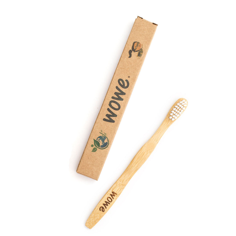 Wowe Bamboo Toothbrush for Kids, Shown with Cardboard Packaging.