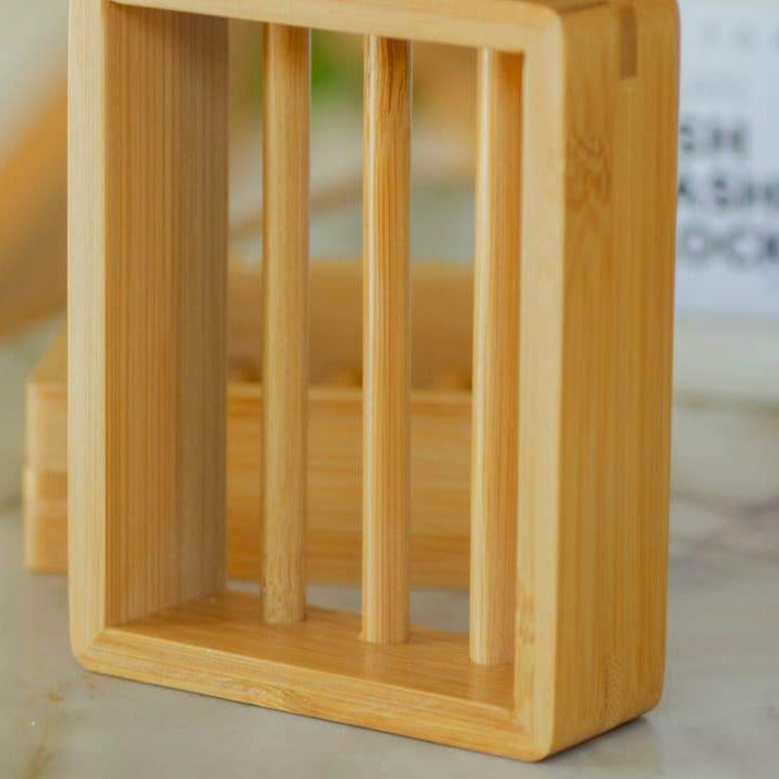 No Tox Life Moso Bamboo Soap Dish, Standing On End To Show Open Design For Quick Soap Drying.
