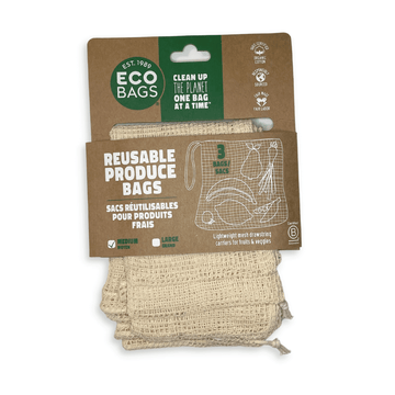 EcoBags Plastic-Free Reusable Produce Bags. Three Pack, Shown in Kraft Cardboard Packaging.