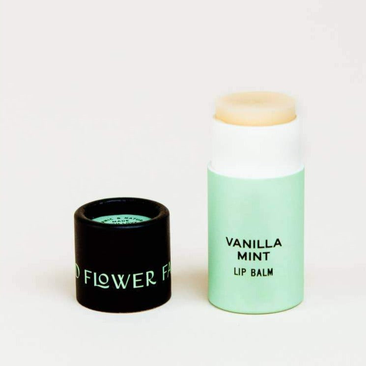Good Flower Farm Lip Balm In Vanilla Mint With 100% Biodegradable Cardboard Tube.