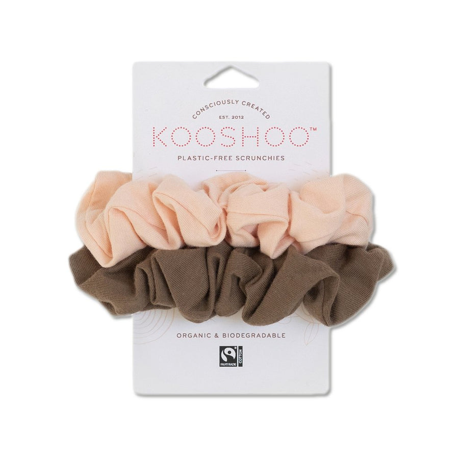 Kooshoo Organic, Plastic-Free Hair Scrunchies Displayed On Cardboard Packaging (Front).