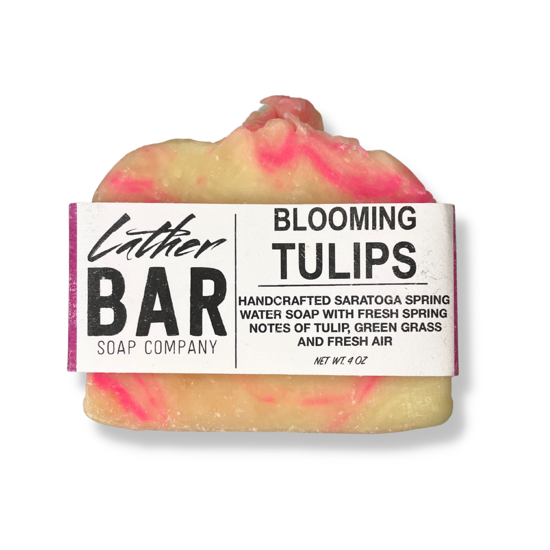 Lather Bar Soap Company Blooming Tulips Bar In Paper Sleeve On White Background.