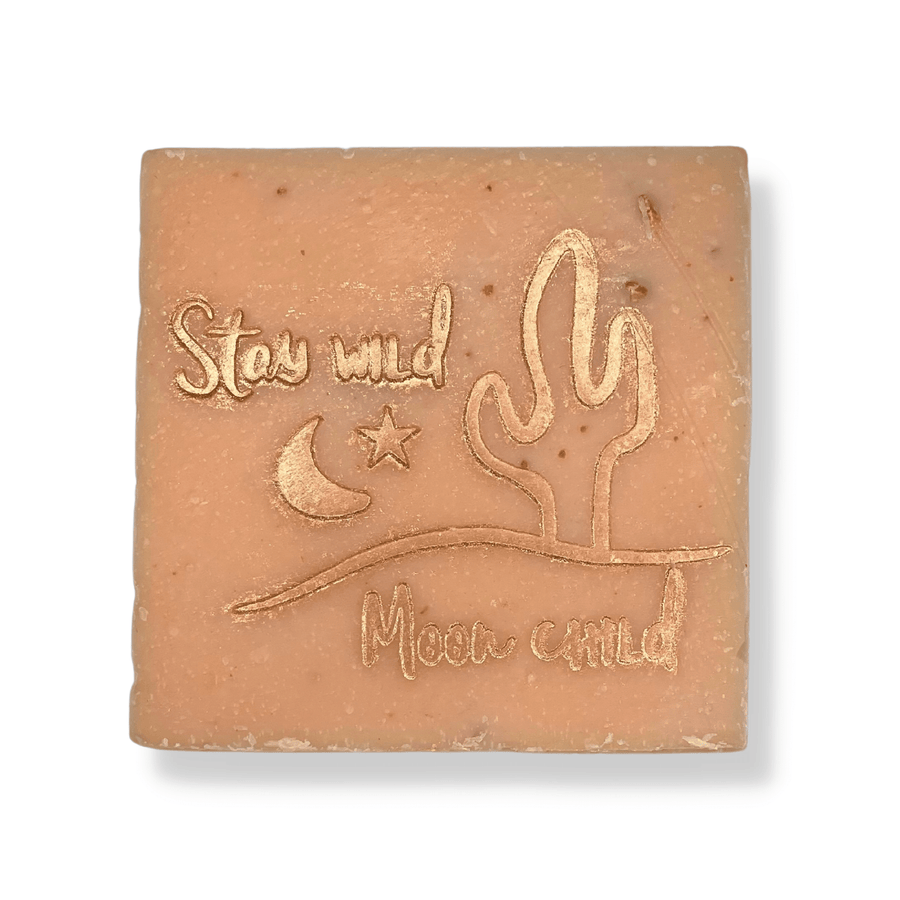 Luna Rosa Cinnamon Latte Soap Bar Stamped With Moon, Star, Cactus, And Words: Stay Wild Moon Child On White Background.