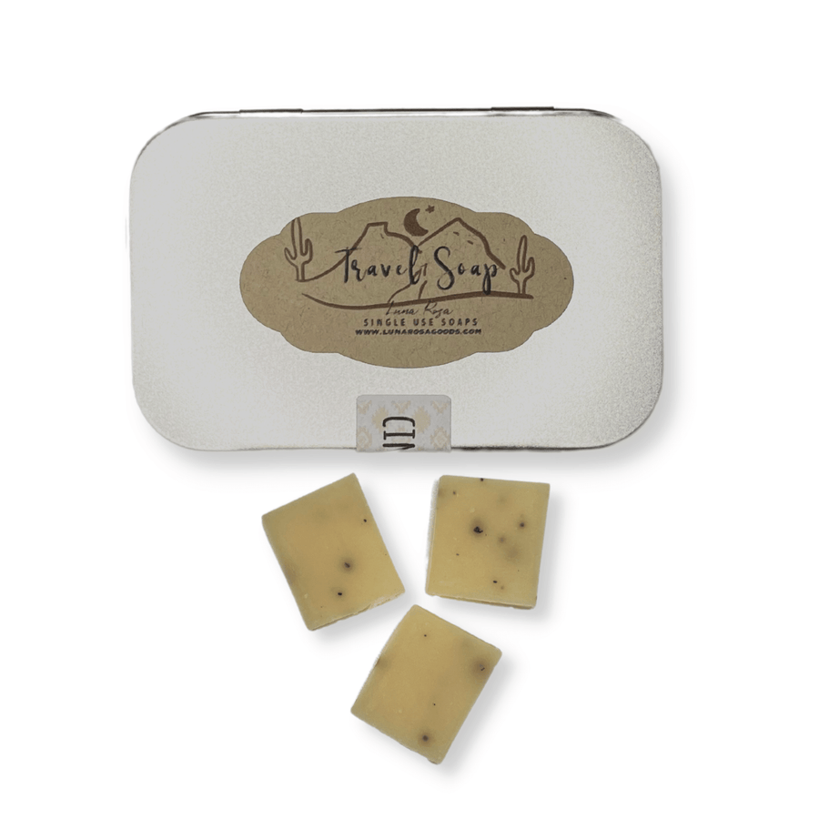 Luna Rosa Travel Soap Cinnamon Latte - 3 Single Soap Pieces With Closed Tin On White Background.