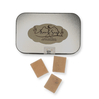 Luna Rosa Travel Soap Oatmeal Honey - 3 Single Soap Pieces With Closed Tin On White Background.