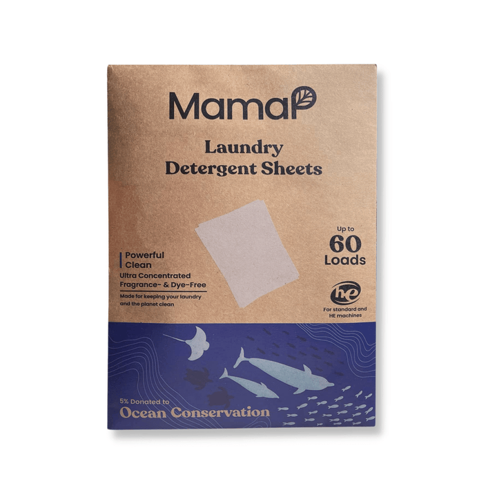 MamaP Laundry Detergent Sheets shown in plastic free packaging.