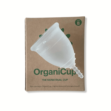 OrganiCup Size B Menstrual Cup With Kraft Cardboard Box Packaging.