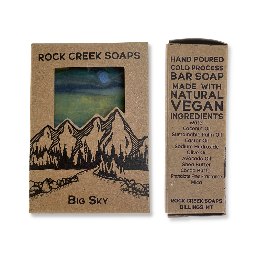 Rock Creek Soaps Big Sky Scent In Plastic Free, Kraft Cardboard Packaging. Front And Side Views, Showing Features And Ingredients.