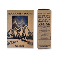 Rock Creek Soaps Glacier Scent In Plastic Free, Kraft Cardboard Packaging. Front And Side Views, Showing Features And Ingredients.