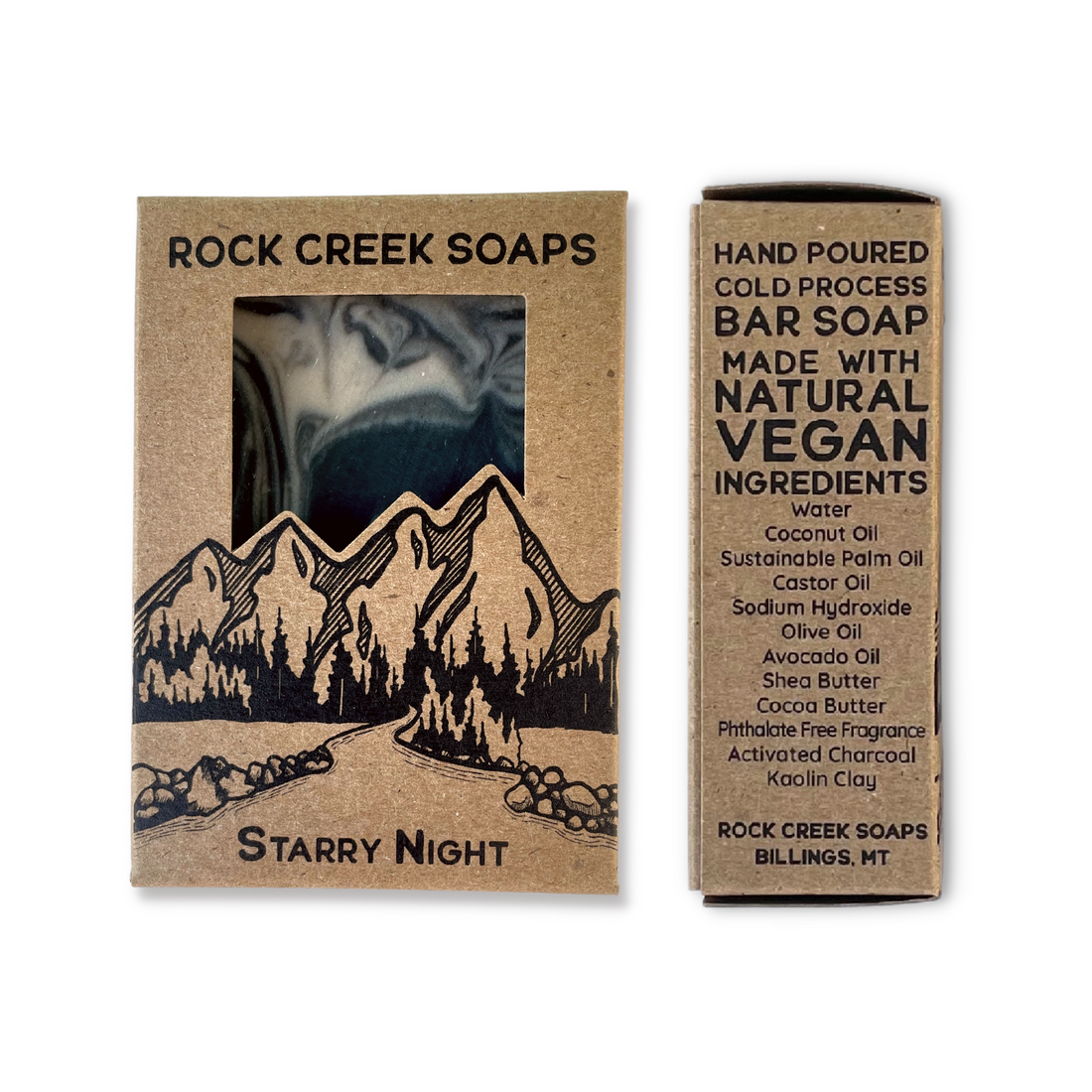 Rock Creek Soaps Starry Sky Scent In Plastic Free, Kraft Cardboard Packaging. Front And Side Views, Showing Features And Ingredients.