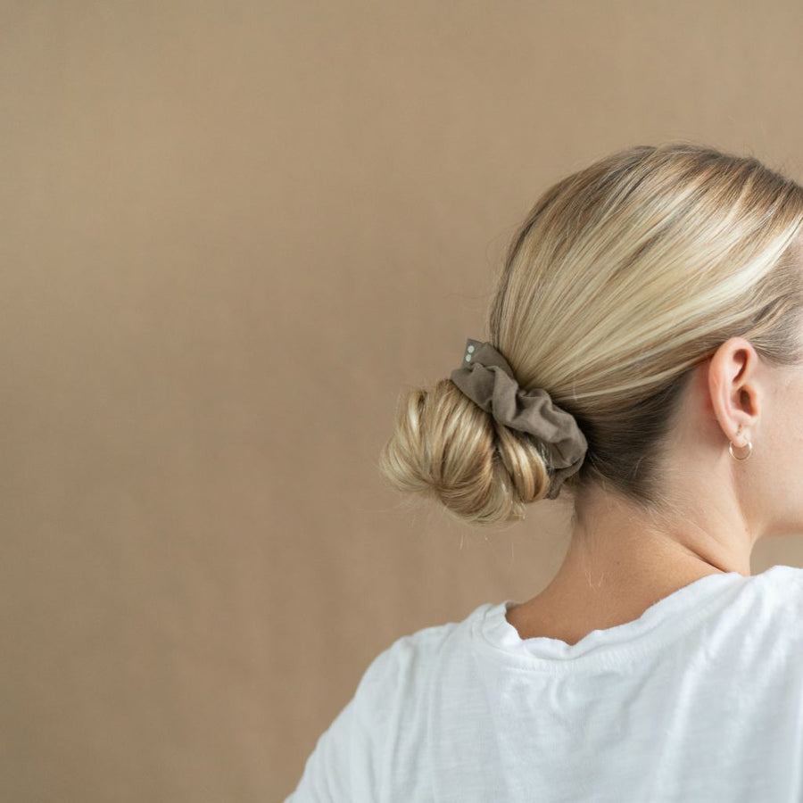 Kooshoo Organic, Plastic-Free Hair Scrunchy Displayed In Hair.