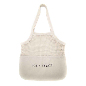 SOL + SPIRIT Organic Cotton Reusable Mesh And Canvas Sling Shopping Bag Laid Flat. Front Of Bag Showing Logo Print.