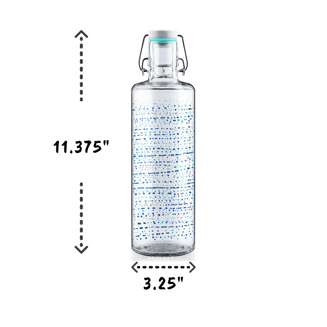 Soulbottles One Million Drops 1.0 Liter Water Bottle With Blue And Green Drops Of Color In Design. Showing dimensions 3.25" width by 11.375" height.