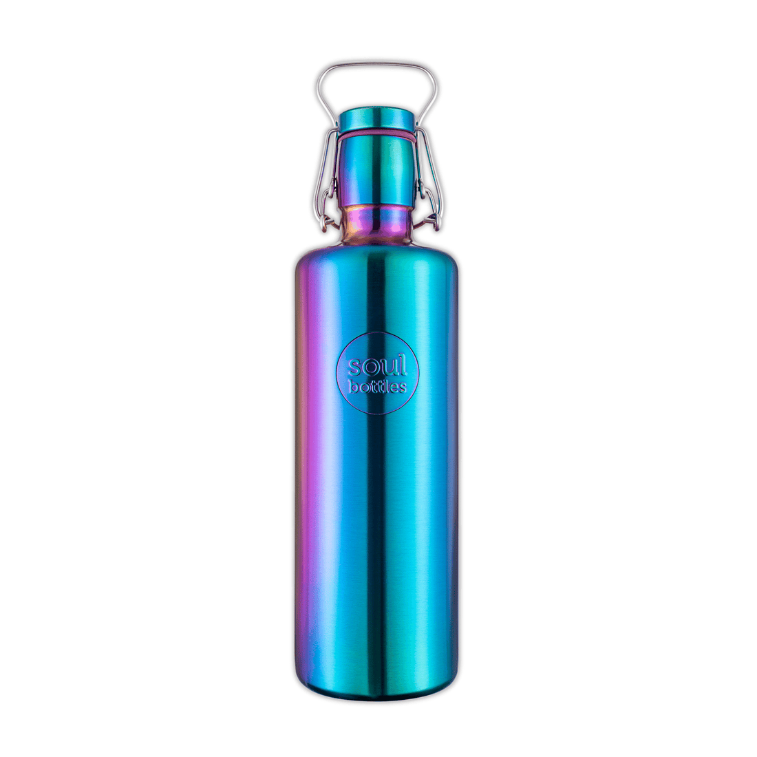 Soulbottles Steel Light 40 Ounce Bottle in Utopia Design; A Single-Wall, Stainless Steel Bottle with Rainbow Effect Coloring.