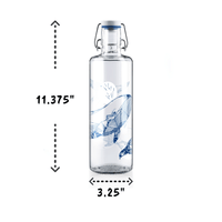 Soulbottles Souldiver Glass Water Bottle. 1.0 Liter Capacity, Plastic Free Bottle With Blue and White Whale Design. Showing dimensions 3.25" width by 11.375" height.