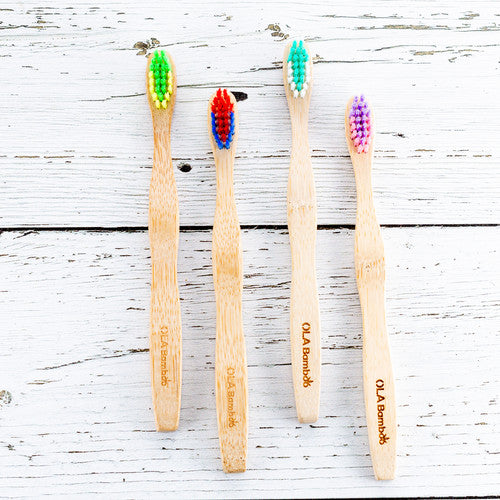 OLA Bamboo Toothbrushes For Kids. Brightly Colored, BPA-Free Bristles Make Brushing Fun!